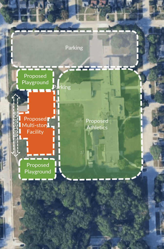 An illustration showing the location of the current Howard Elementary School and the proposed placement of the new Howard-Lindbergh School on what is currently the field and walking track.
