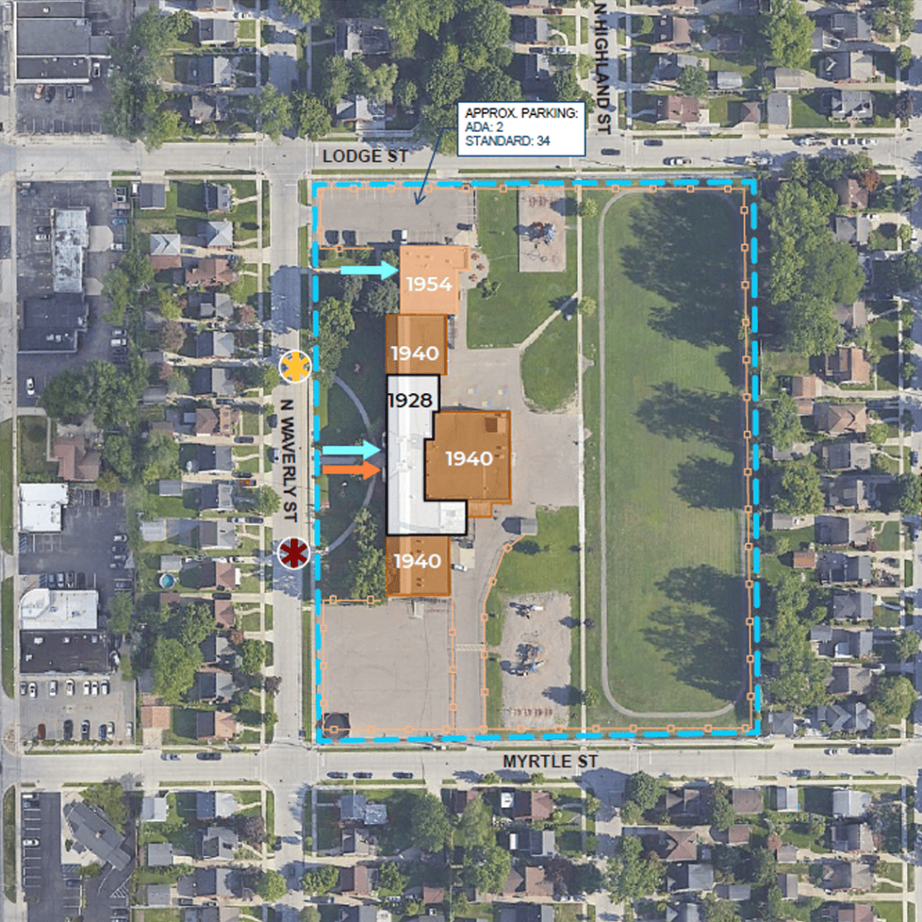 A satellite photo showing the years different sections of Lindbergh Elementary were constructed including 1928, 1940 and 1954.